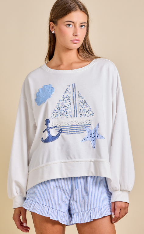 SAILBOAT RELAXED FIT SWEATSHIRT WITH OPEN BACK DETAIL