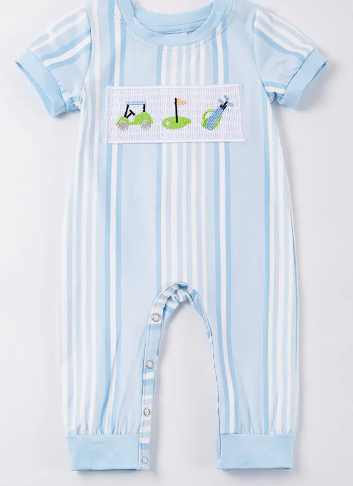 BLUE STRIPE GOLF APPLIQUE BOY ROMPER