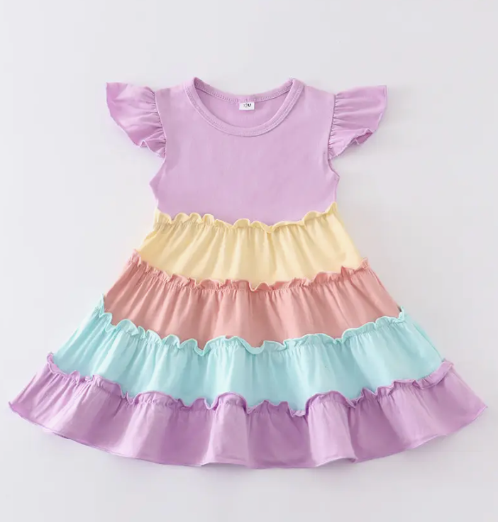 LAVENDER RAINBOW RUFFLE TIERED DRESS