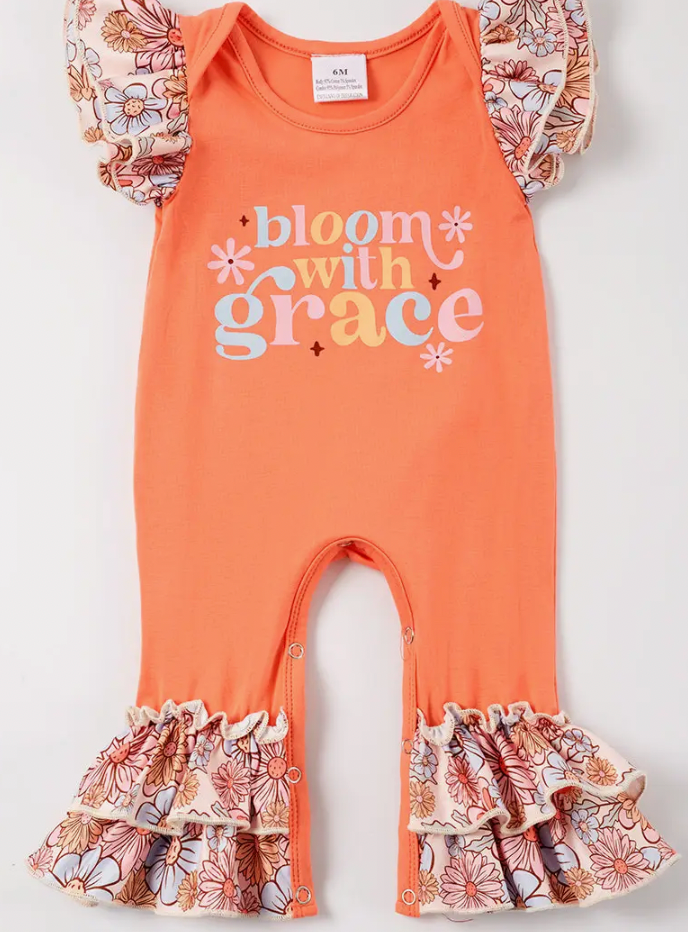 ORANGE BLOOM WITH GRACE RUFFLE BABY ROMPER