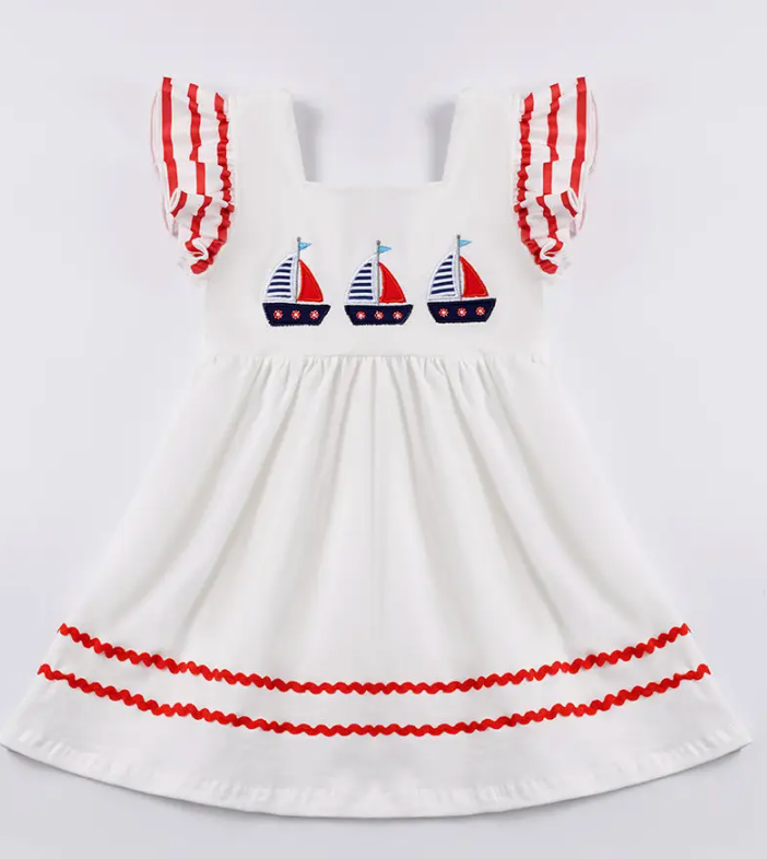 WHITE SAILING BOAT APPLIQUE RUFFLE DRESS