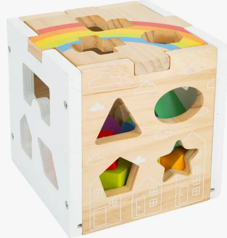 SMALL FOOT WOODEN TOYS RAINBOW SHAPE SORTER CUBE PLAYSET
