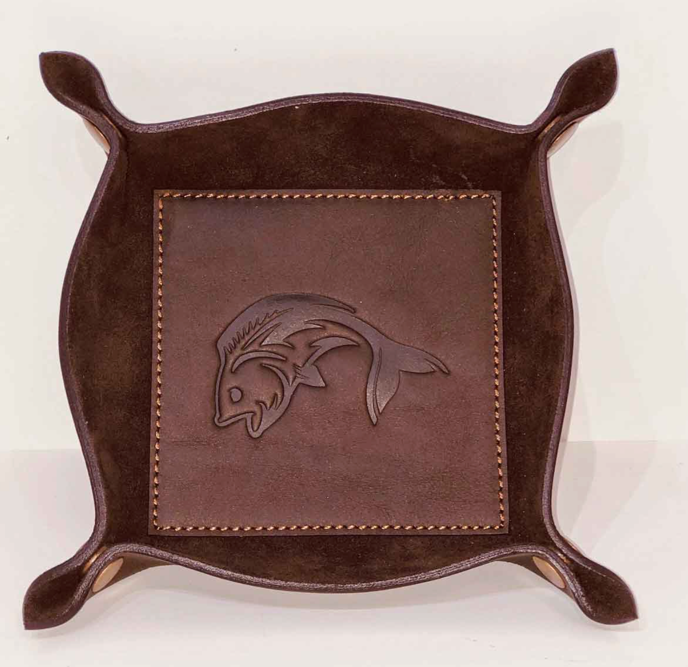 FISH LEATHER EMBOSSED VALET TRAY DARK BROWN 8 X 8