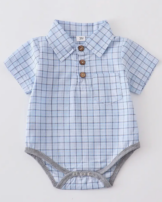 BLUE PLAID BUTTON DOWN BABY ROMPER