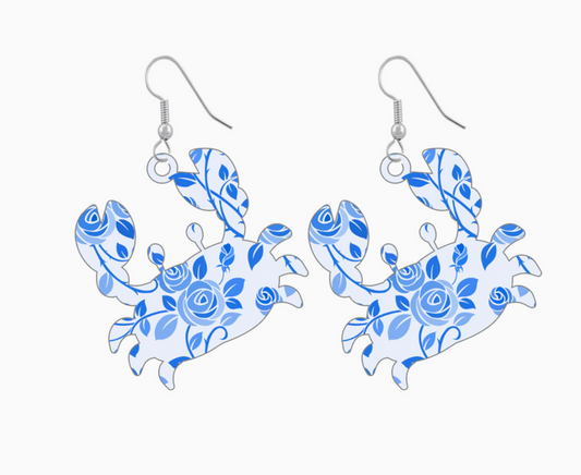 BLUE FLORAL ACRYLIC CRAB EARRINGS