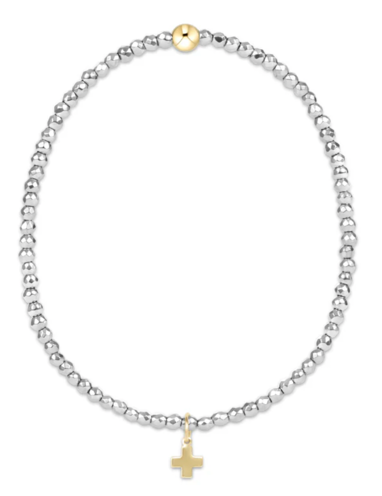 ENEWTON SILVER FACETED HEMATITE 2MM BEAD BRACELET SIGNATURE CROSS GOLD CHARM