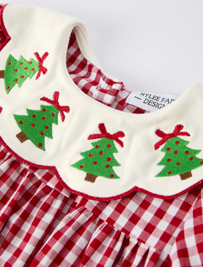 CHRISTMAS KIDS EMBROIDERED CHRISTMAS TREE PLAID DRESS
