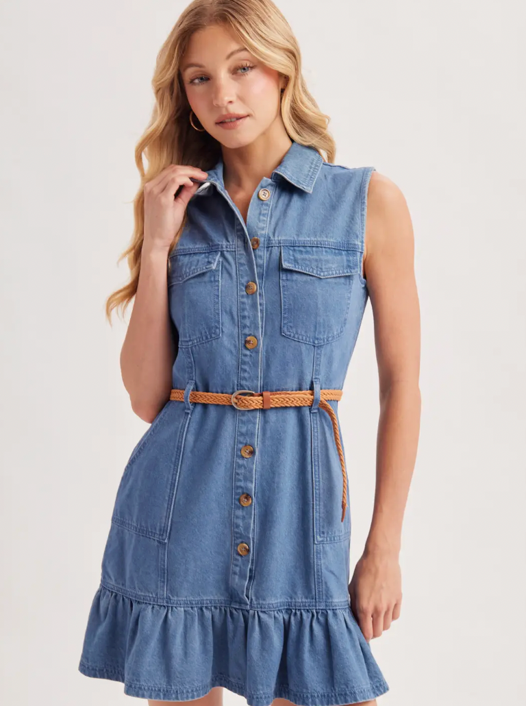 BUTTON DOWN SLEEVELESS DENIM SHIRT DRESS WITH BELT