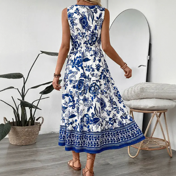 BOHO BLUE FLORAL V NECK SLEEVELESS DRESS