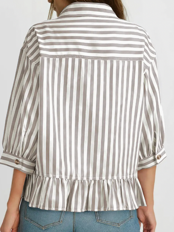 STRIPED BUTTON DOWN RUFFLE HEM 3/4 SLEEVE BLOUSE TAN