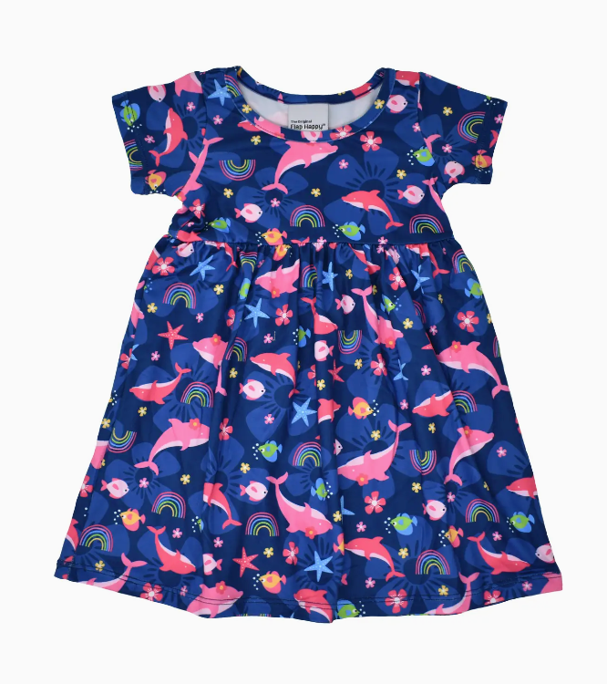 KIDS UPF50+ GIRLS LAVA SHORT SLEEVE TEE DRESS DOLPHIN DAYDREAM