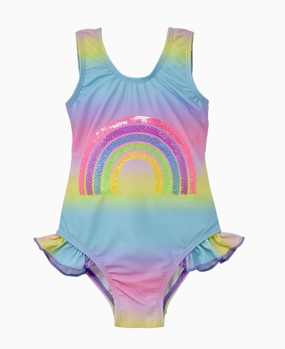 KIDS UPF50+ GIRLS SIMONE HIP RUFFLE SWIMSUIT SEQUIN RAINBOW