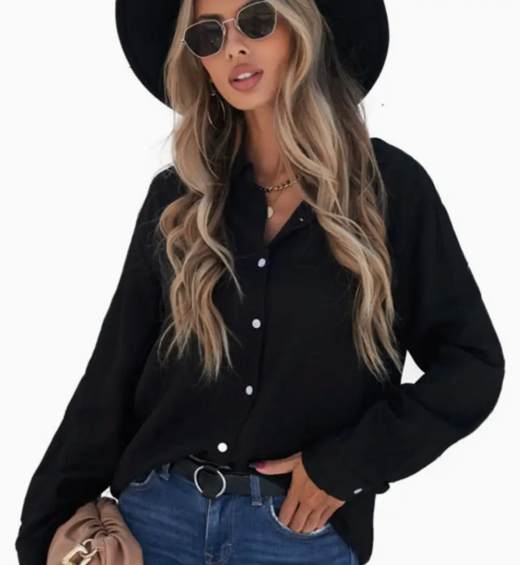 LONG SLEEVED LAPEL BUTTON DOWN BLOUSE BLACK