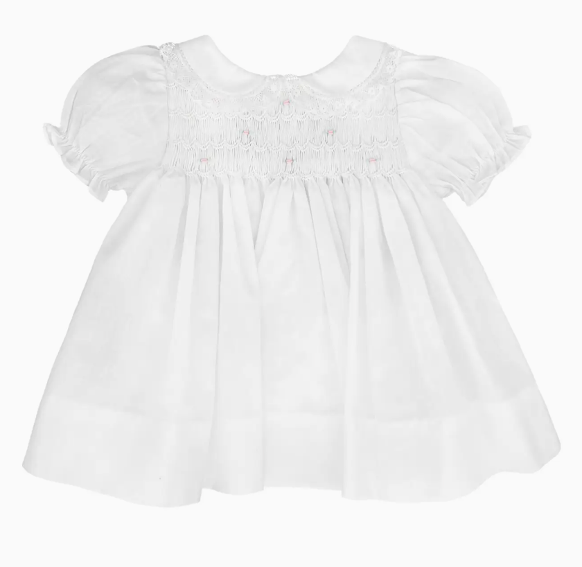 FULLY SMOCKED DRESS WITH LACE WHITE