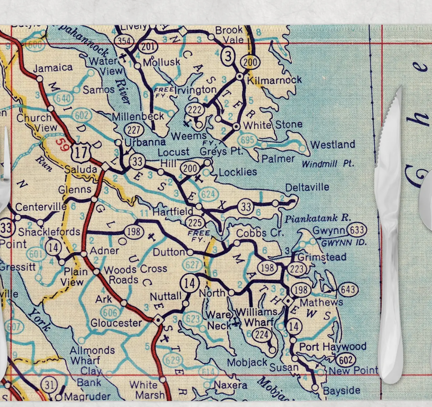 VIRGINIA THREE PENINSULAS CUSTOM MAP PLACEMAT SET /4