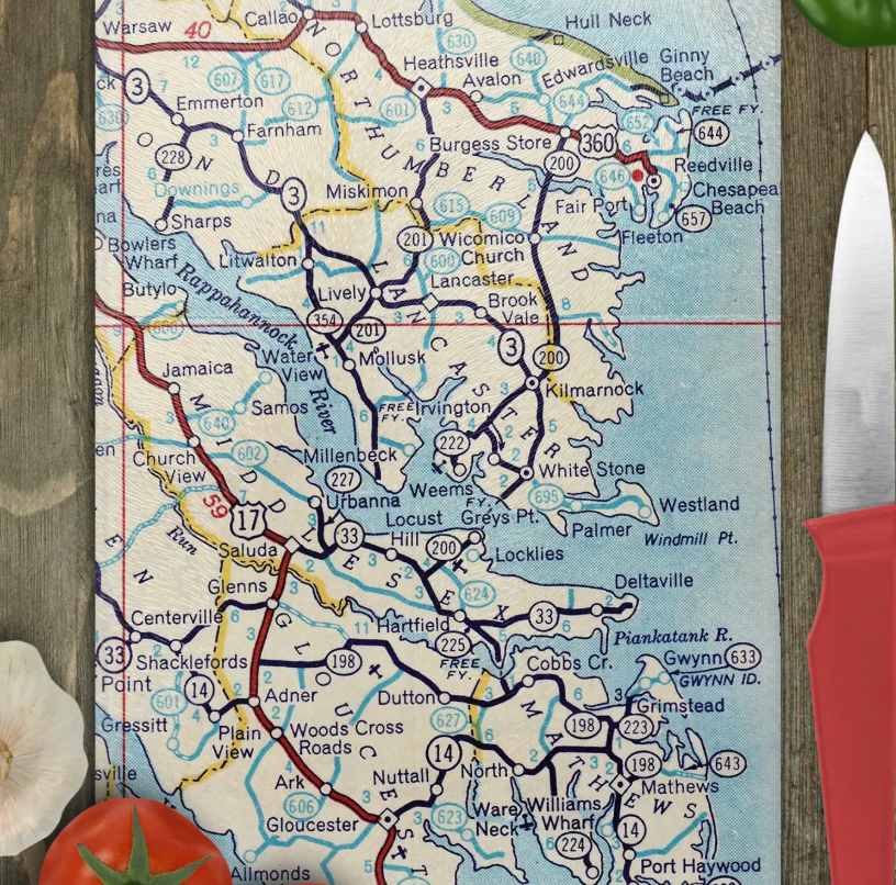 VIRGINIA THREE PENINSULAS MAP GLASS CUTTING BOARD SMALL