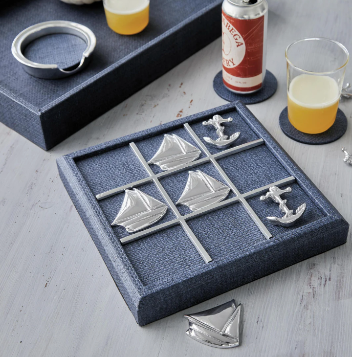 SAILBOAT & ANCHOR INDIGO BLUE FAUX GRASSCLOTH TIC TAC TOE SET