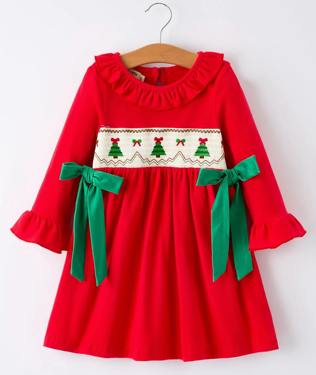 CHRISTMAS SMOCKED DRESS WITH GREEN BOW AND TREE EMBROIDERY
