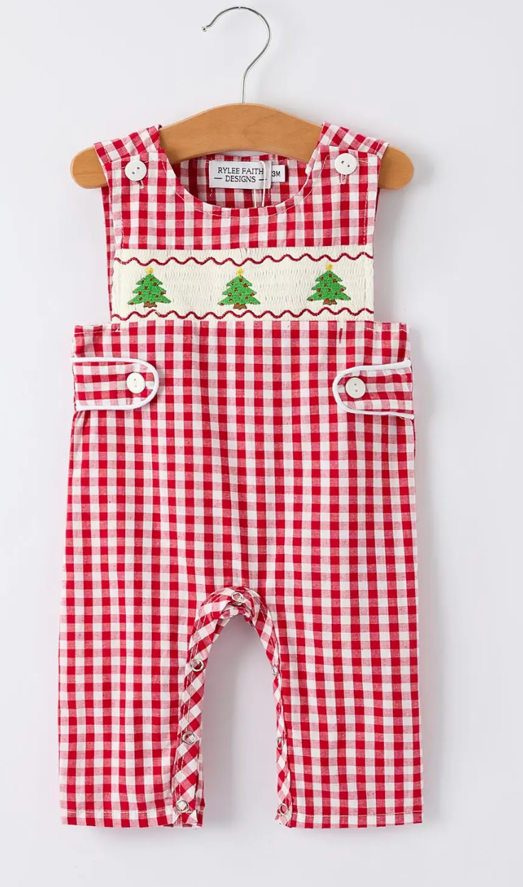 CHRISTMAS SMOCKING EMROIDERED TREE PLAID BABY BOY ROMPER