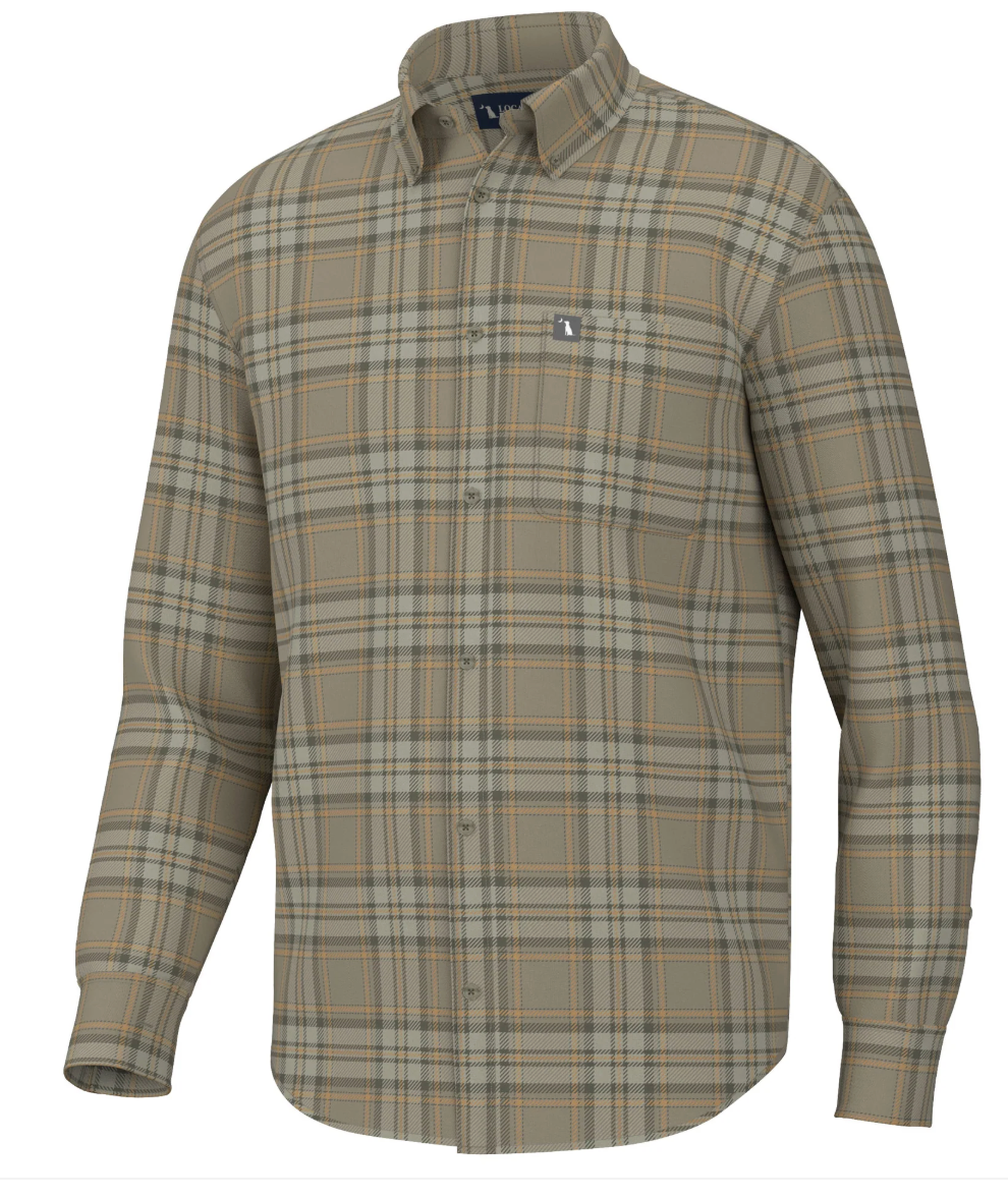 LOCAL BOY OUTFITTERS PHELAN STRETCH FLANNEL TAN OLIVE YELLOW