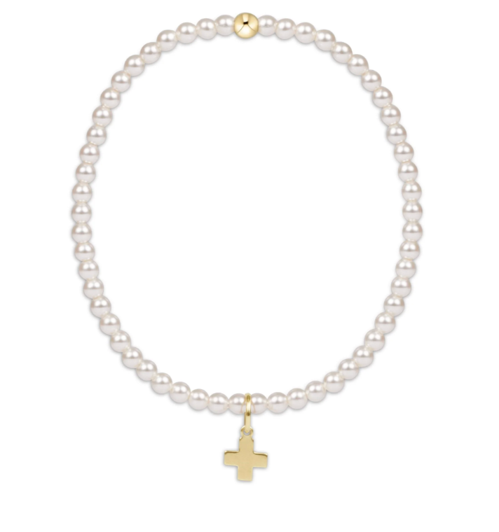 ENEWTON CLASSIC PEARL 3MM BEAD BRACELET SIGNATURE CROSS GOLD CHARM