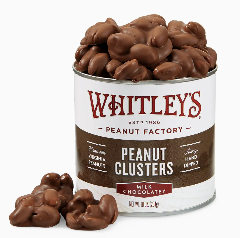 WHITLEY'S 10 OZ TIN MILK CHOCOLATEY COVERED PEANUT CLUSTERS
