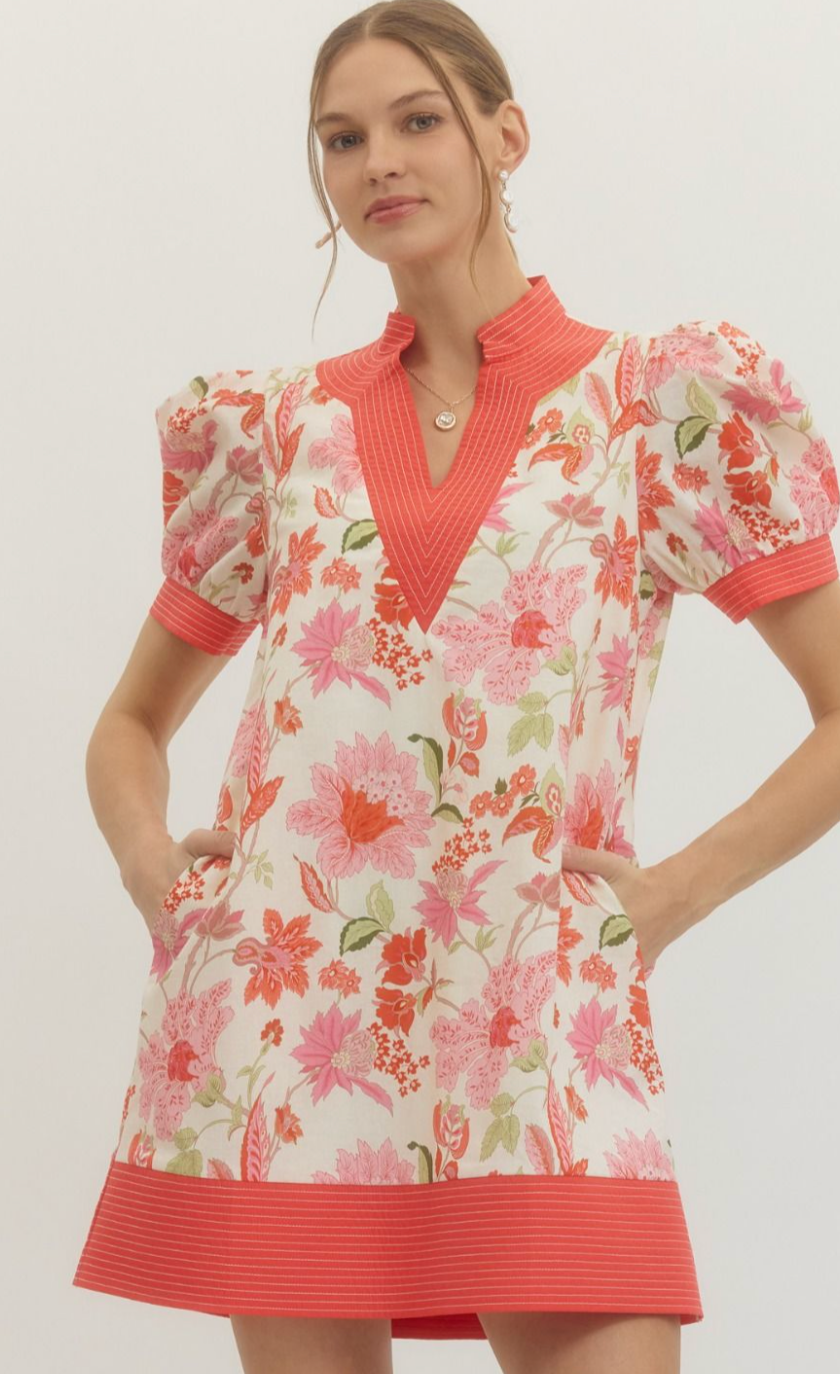 FLORAL PRINT PUFF DRESS PLUS SIZE PINK