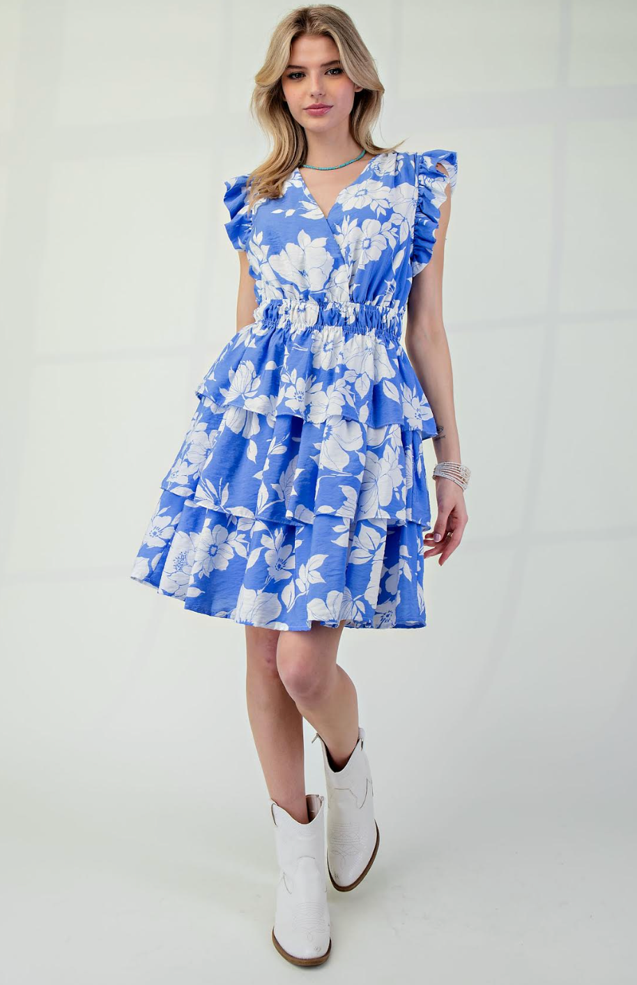 PERI BLUE SHORT SLEEVE PRINTED DRESS