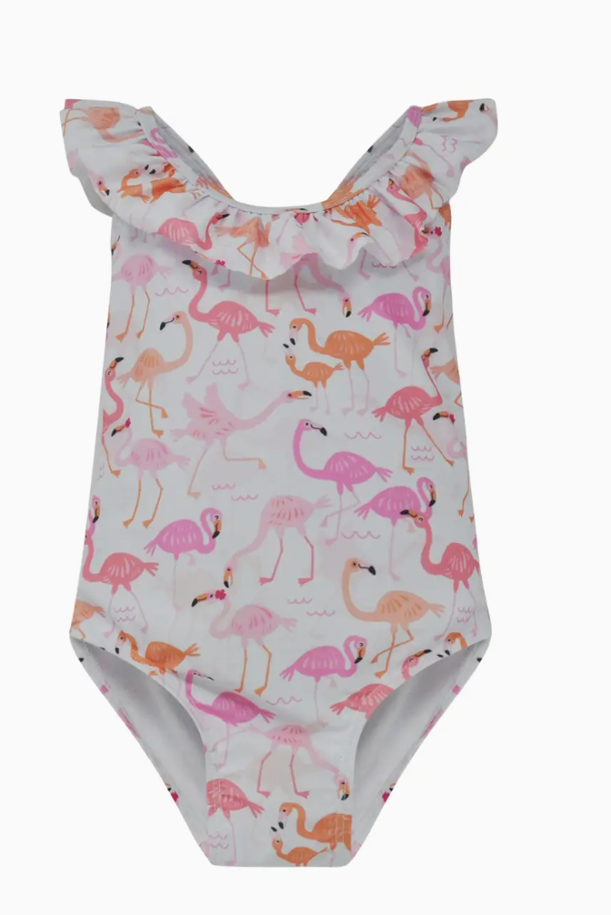 KIDS UPF50+ MINDY CROSS BACK SWIMSUIT FOR GIRLS FLAMINGO LOVE