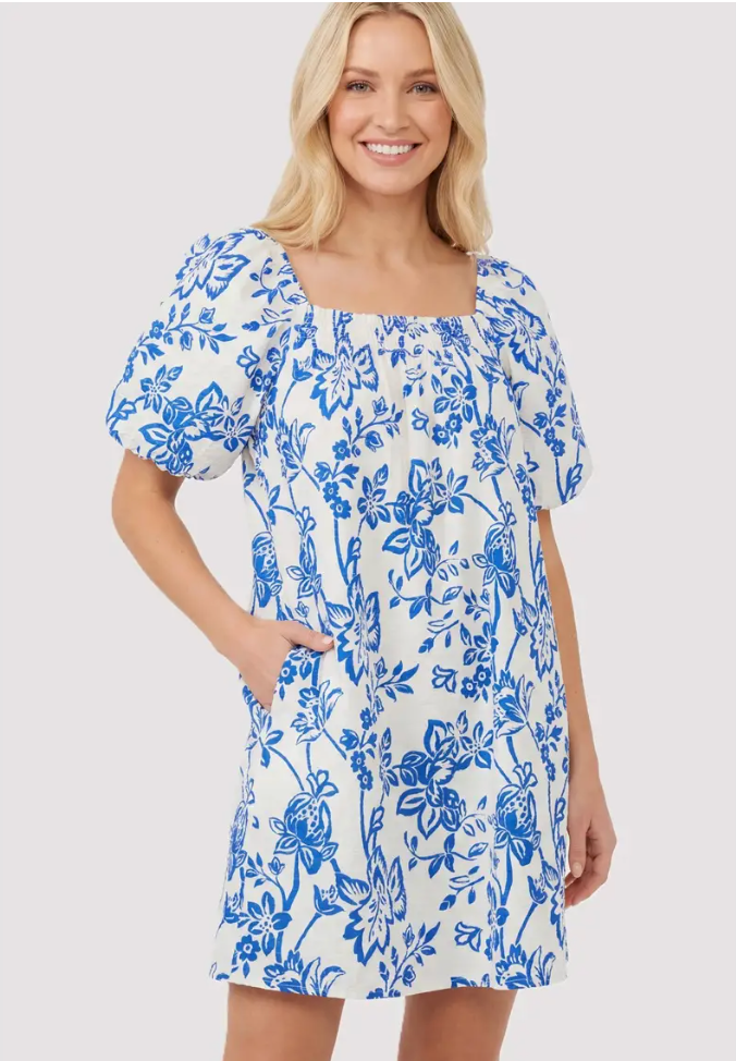 BUBBLE SLEEVE FLORAL PRINTED DRESS ROYAL BLUE