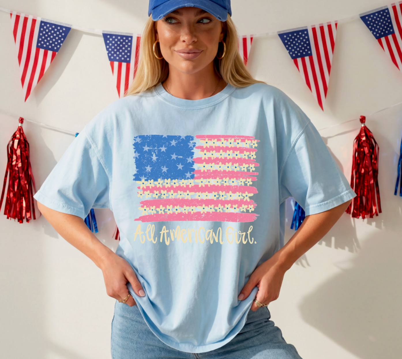 ALL AMERICAN GIRL PREPPY FLAG GRAPHIC TEE USA PATRIOTIC CHAMBRAY