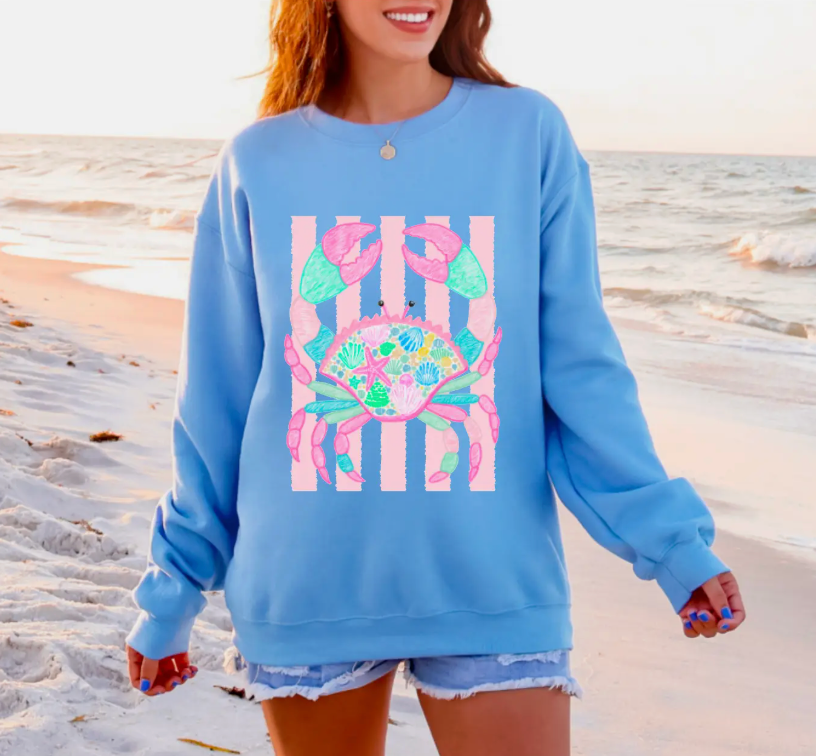 PASTEL WHIMSICAL SUMMER CRAB SWEATSHIRT COLUMBIA BLUE