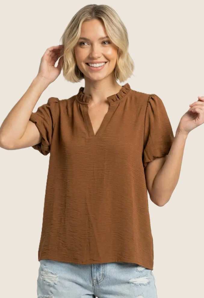 FRILLED NECK BUBBLE SLEEVE SOLID TOP CAMEL