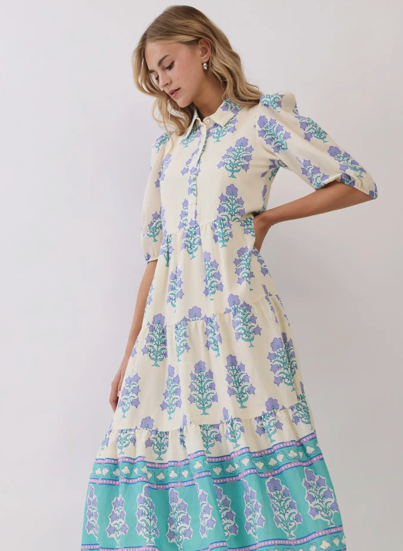 FLORAL BORDER PRINT TIERED MIDI DRESS CREAM