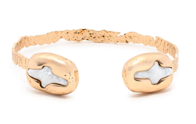 SPENCER GOLD THIN HAMMERED CUFF WITH WHITE CROSS