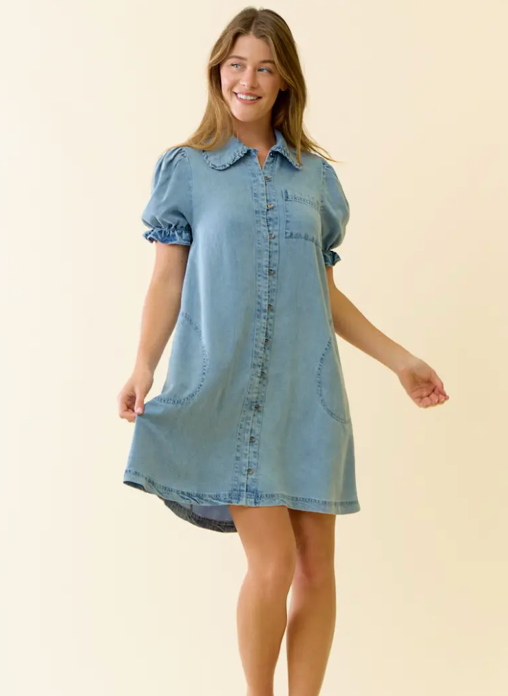 DENIM MINI RUFFLE DETAIL BUTTON DOWN DRESS