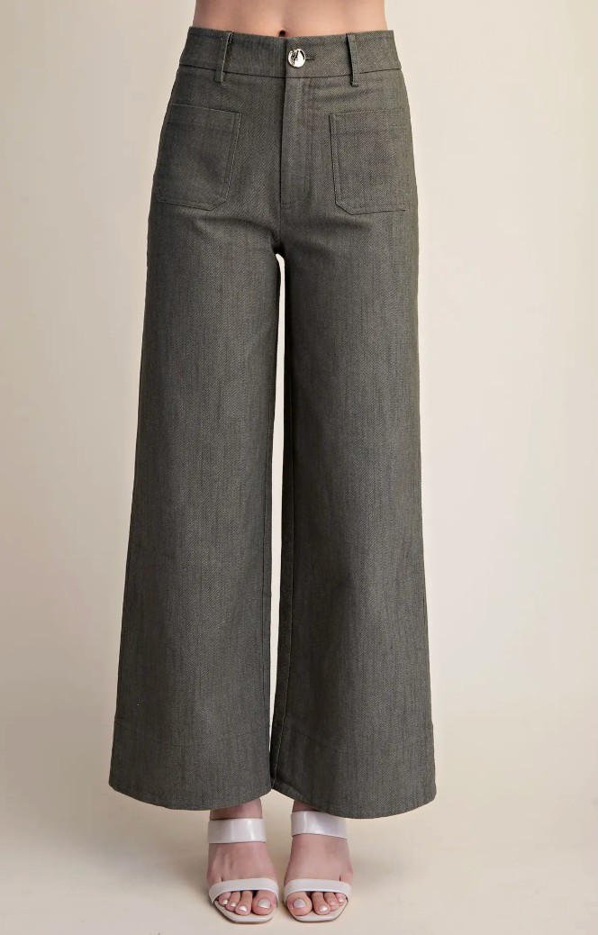STRETCHY JEANS HIGH RISE FRONT POCKET WIDE LEG OLIVE