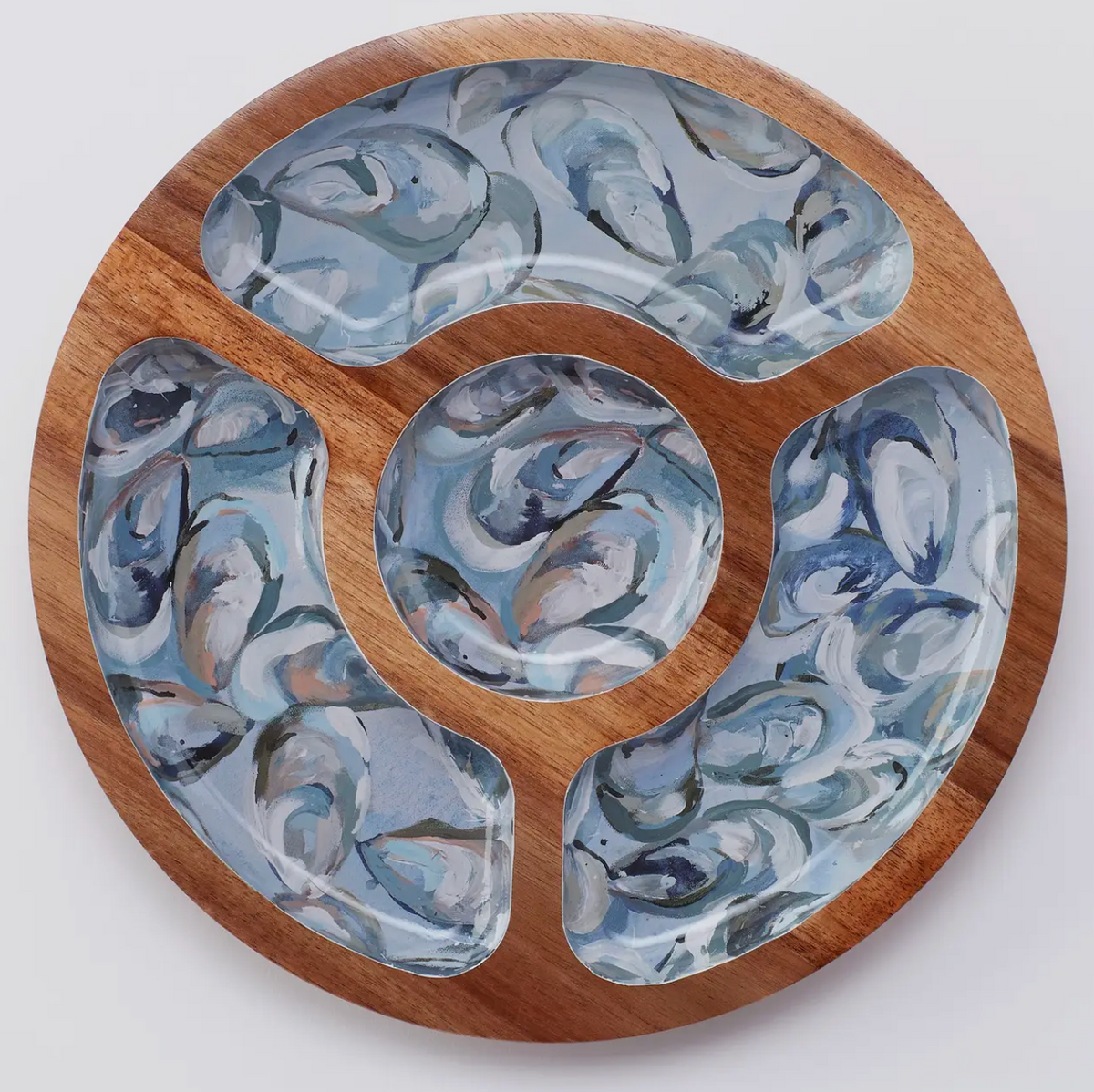 KIM HOVELL WOODEN SNACK TRAY PEWTER SHELLS