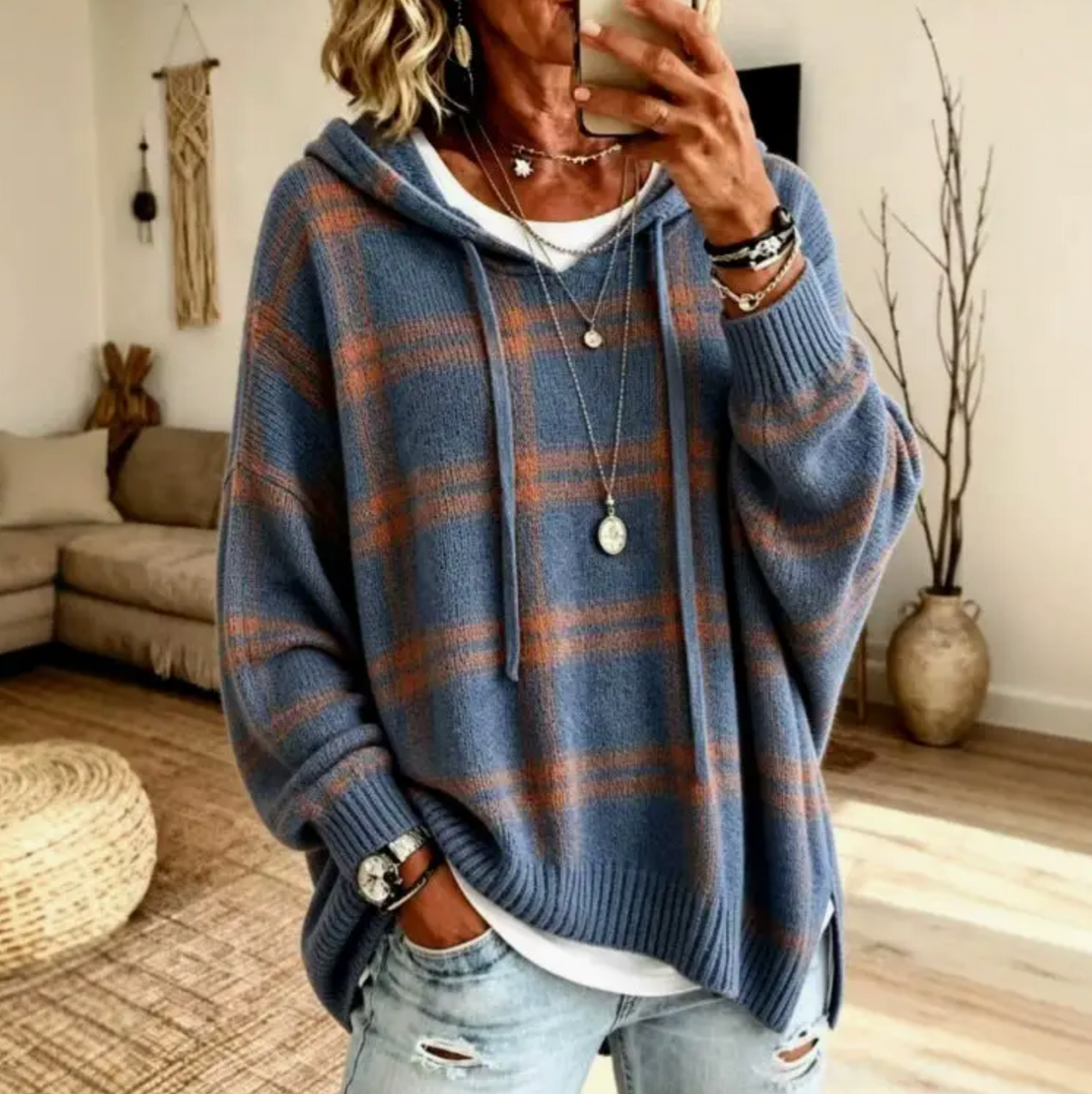 WOMEN'S PLAID HOODED OVERSIZED KNIT PULLOVER SWEATER BLUE