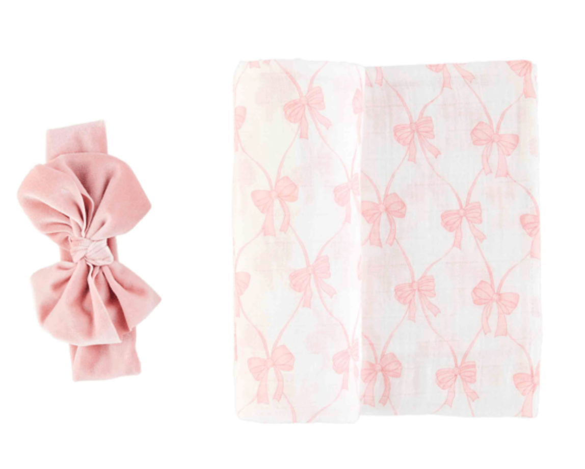 BABY BOW SWADDLE AND HEADBAND SET