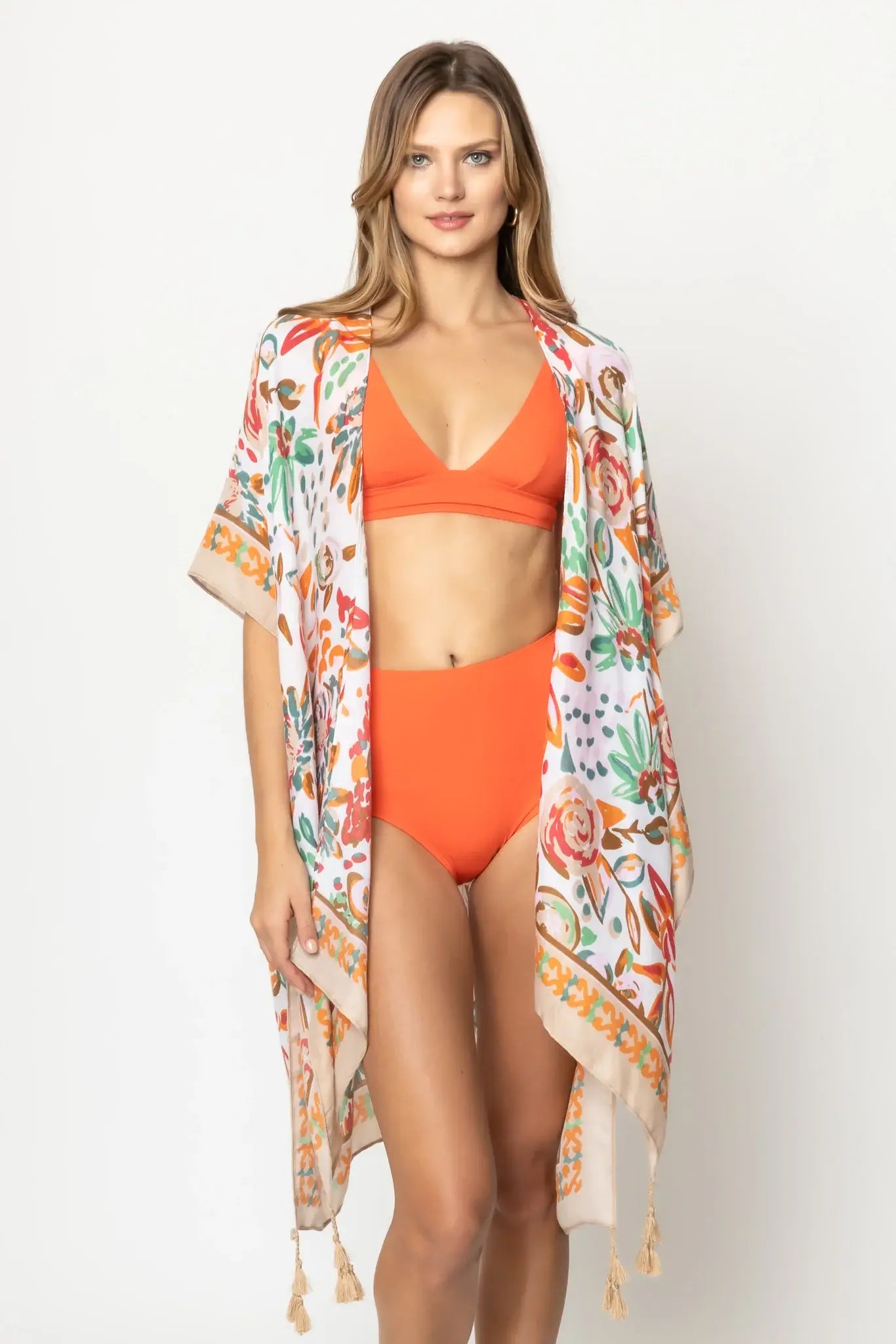 FLORAL PRINT BORDER KIMONO TAUPE