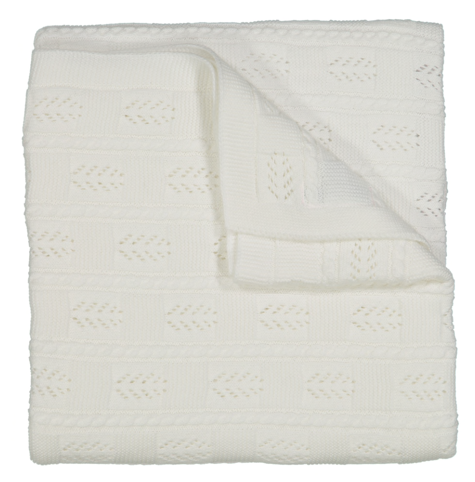 FELTMAN BROTHERS WHITE CABLE POINTELLE KNIT BLANKET