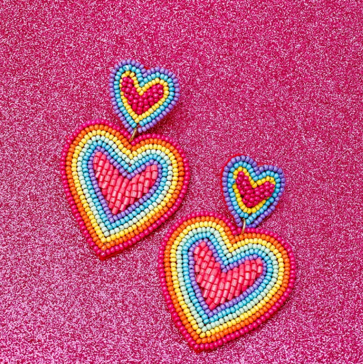 RAINBOW HEART SEED BEAD DANGLE EARRINGS