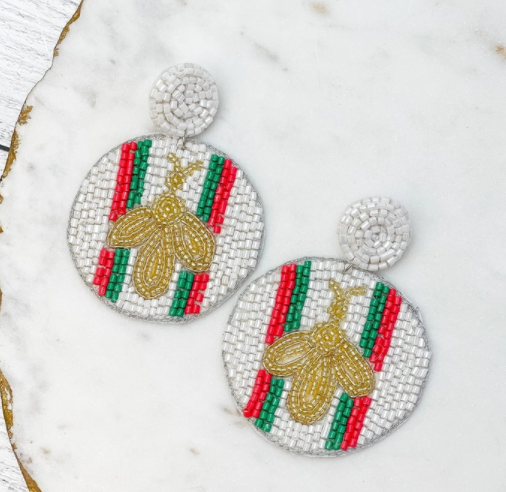 RED & GREEN STRIPE BEE STATEMENT EARRINGS