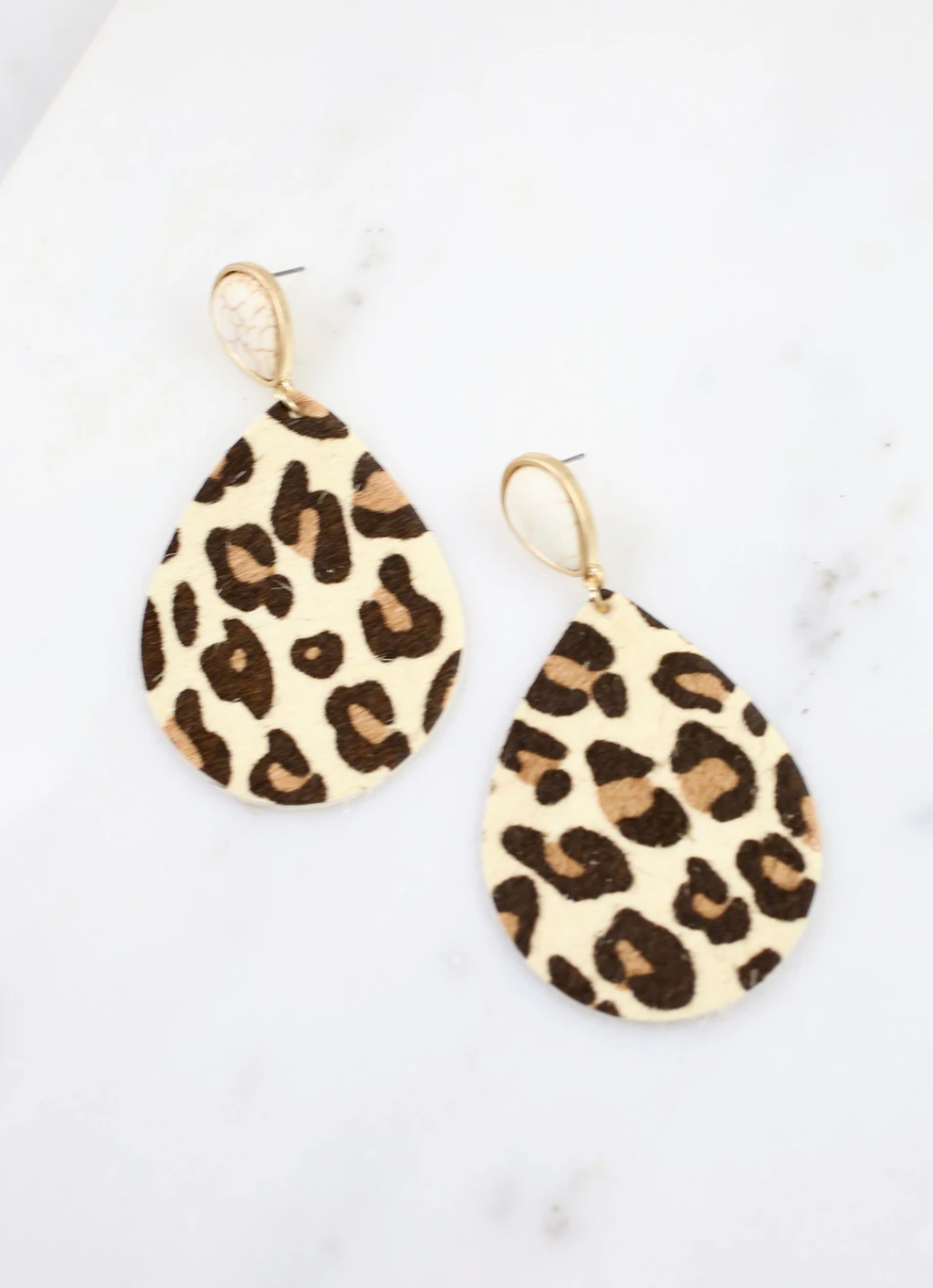 ANIMAL PRINT TEARDROP EARRING WITH STONE POST IVORY LEOPARD