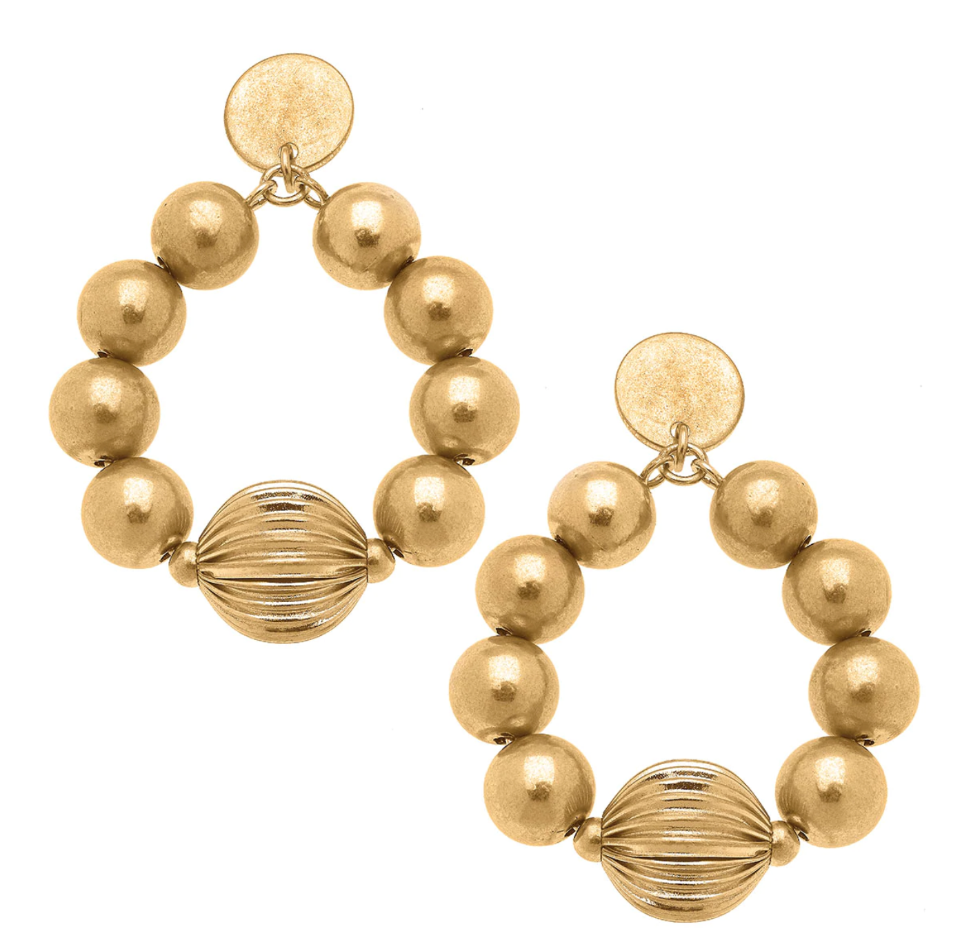 CAMI RIBBED METAL BALL BEAD TEARDROP EARRINGS IN WORN GOLD