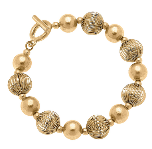 EMORY RIBBED METAL BALL BEAD BRACELET IN WORN GOLD
