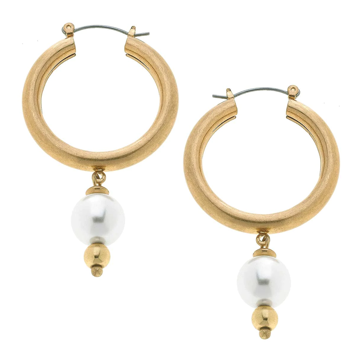 NINA PEARL DROP HOOP EARRINGS IN WORN GOLD 2" X 1"