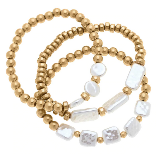CASSIDY PEARL & BALL BEADED STRETCH BRACELETS IN IVORY SET OF 3