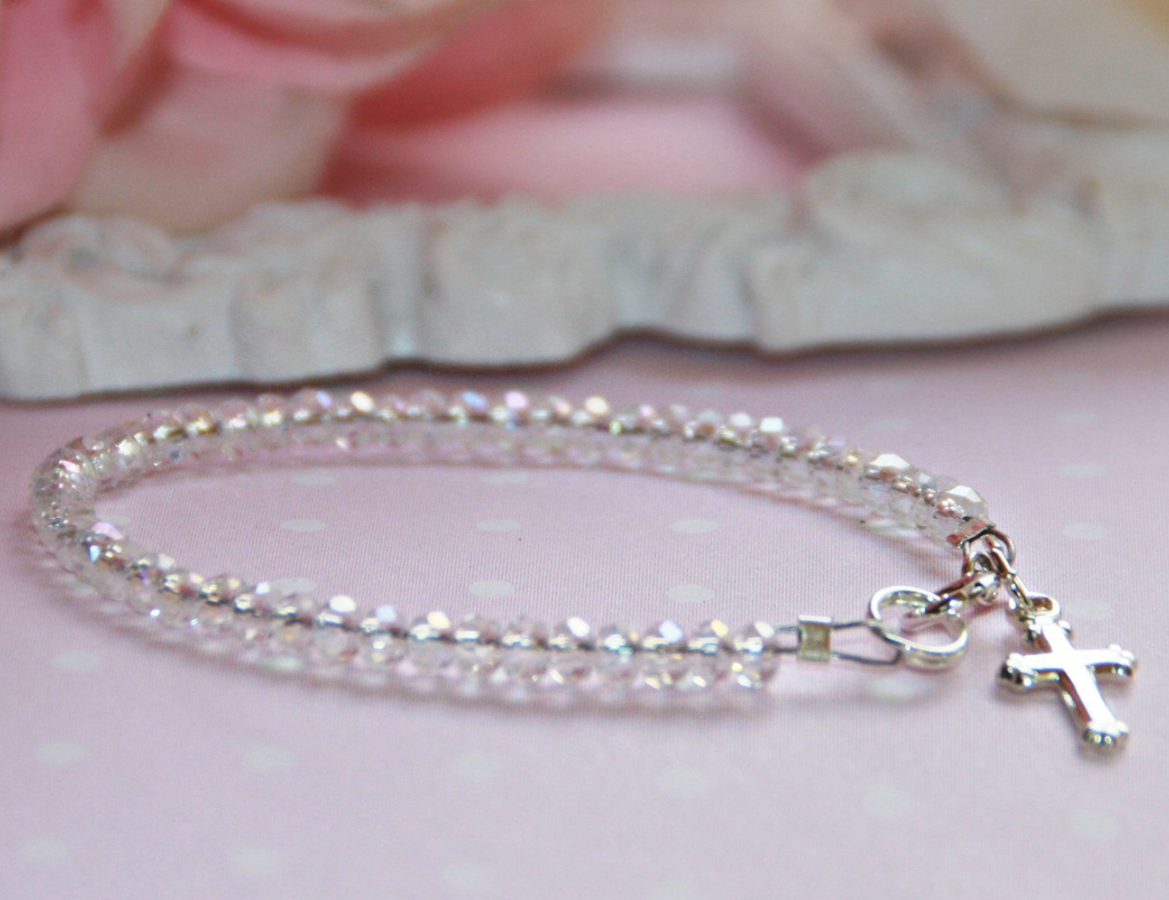 INFANT CRYSTAL AB AND STERLING SILVER CROSS 4 1/2 "BRACELET